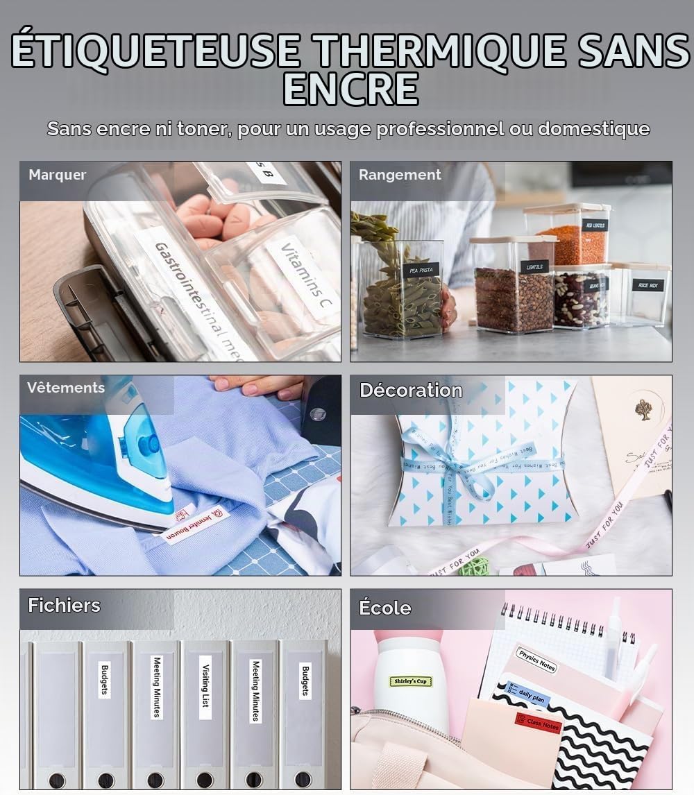 Phomemo P12 Étiqueteuse: pour Vêtements, école, Cuisine et Bureau | 3-en-1: Étiquettes autocollantes, thermocollantes et rubans satin. Avec l'app Print Master. Idéal pour vêtements