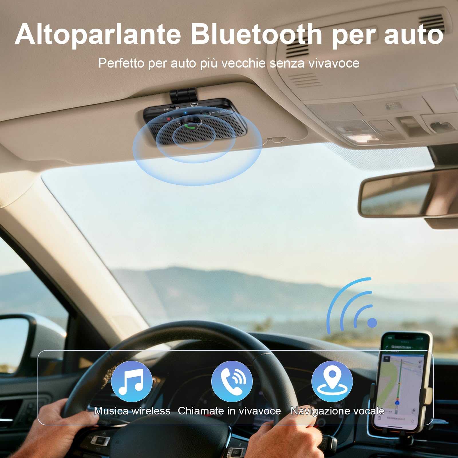 1Mii Kit Vivavoce per Auto Bluetooth 6.0 con Siri Assistente Comandi Vocali di Google Altoparlante, per Chiamate Viva Voce, GPS, Connessione Automatica, Altoparlante da 5W, Connettività Dual Link