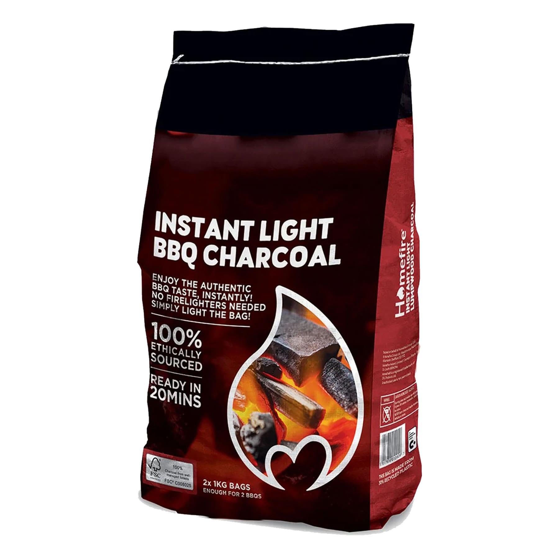Instant Light BBQ Charcoal 2kg | 2 x 1kg Instant Lighting Bags | BBQ Fuel for Grilling, Camping & Outdoor Cooking