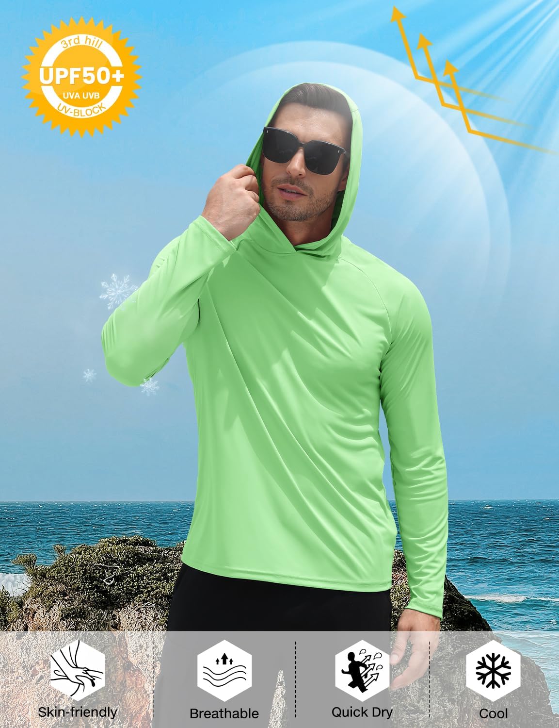 Mens UPF 50+ Sun Hoodie UV Protection Long Sleeve Swimming Rash Guard SPF Quick Dry Fishing Shirt for Outdoor Sports