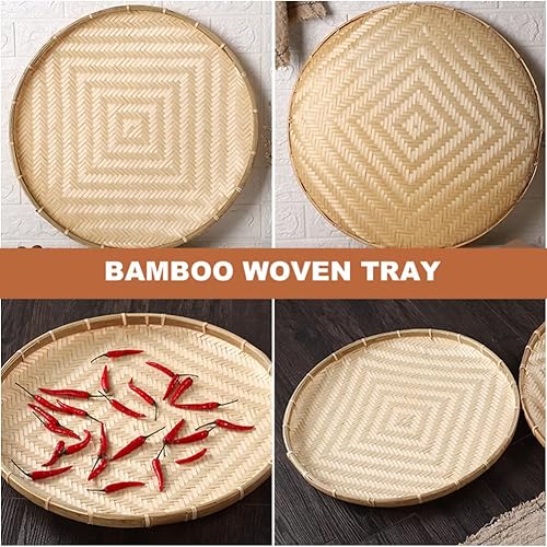 Miniatura 7 de NOLITOY Cesta tejida de bambú redonda para pan, cesta de comida plana de mimbre, cesta de frutas de mimbre poco profunda, cesta para servir