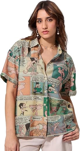 The Souled Store Pink Panther: Comics Women and Girls Short Sleeves Collared Neck Button Front Multicolour All Over Printe...