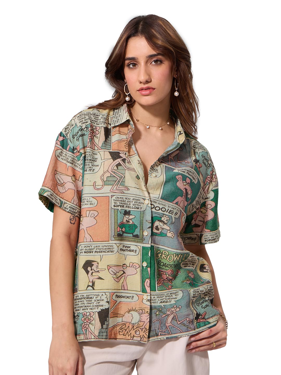 The Souled Store Pink Panther: Comics Women and Girls Short Sleeves Collared Neck Button Front Multicolour All Over Printe... - Review, Price and Buying Guide