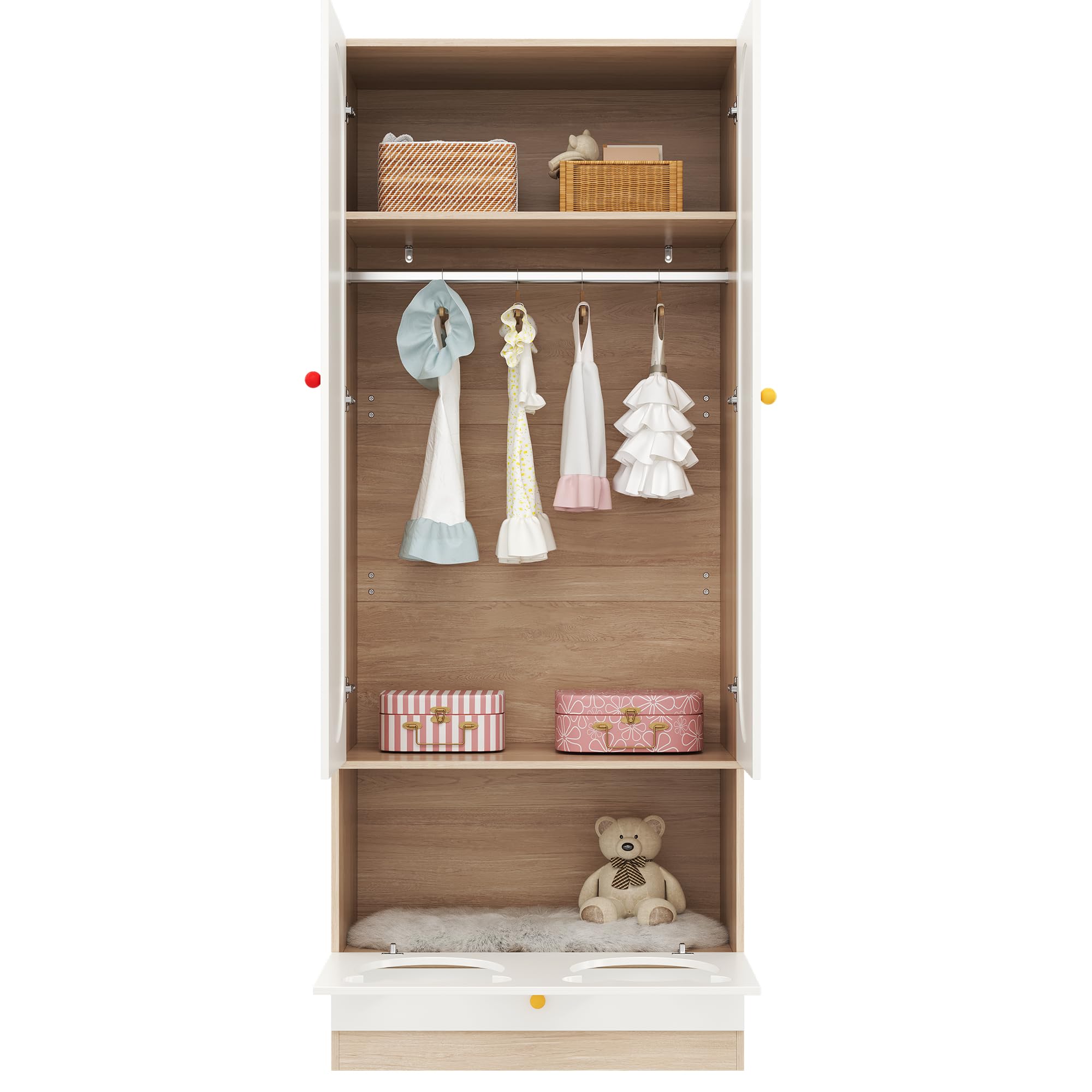 Kleiner Kleiderschrank mit Katzenbett & Kleiderstange – Kindergarderobe mit bunten Keramikgriffen, 80x50x200 cm – perfekt für Schlafzimmer, kindersichere Griffe & stabile Konstruktion