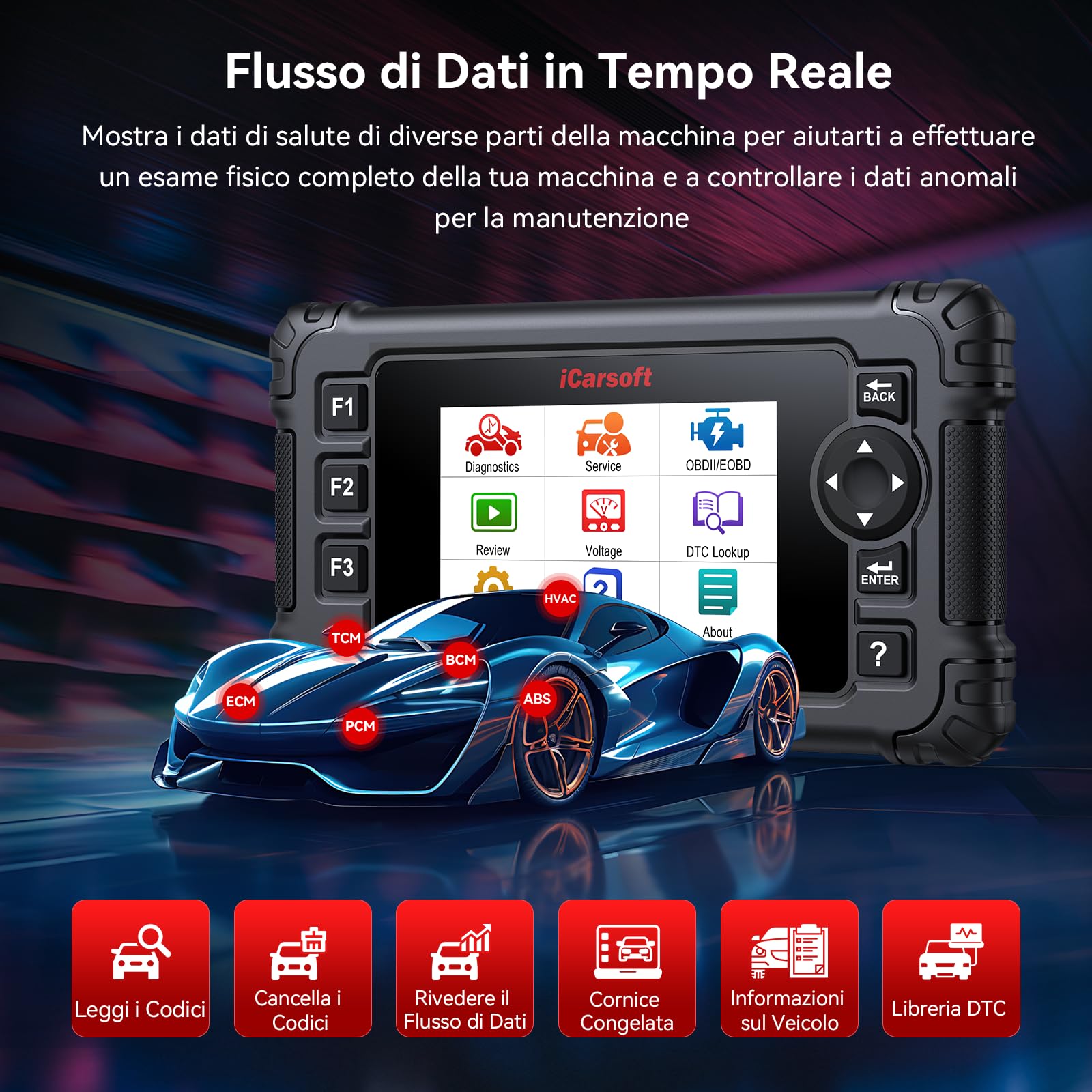 iCarsoft FR V3.0 OBD2 Auto Diagnostica per Marchi Francesi e Italiani, Diagnosi Auto Professionale in Italiano per Tutti i Sistemi, 45 Funzioni di Ripristino, Test Bidirezionale, Aggiornamento a Vita