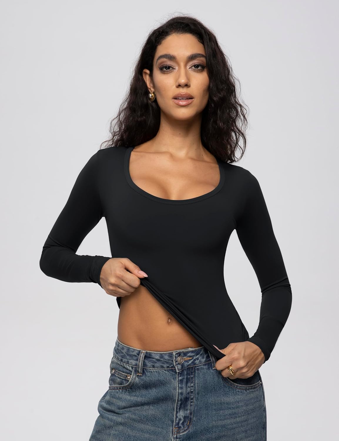 ENERFUL Women's 2/3 Pack Long Sleeve Shirts Scoop Neck Slim Fitted Tight Basic Casual Going Out Soft-fuzz Tee Tops - Image 3