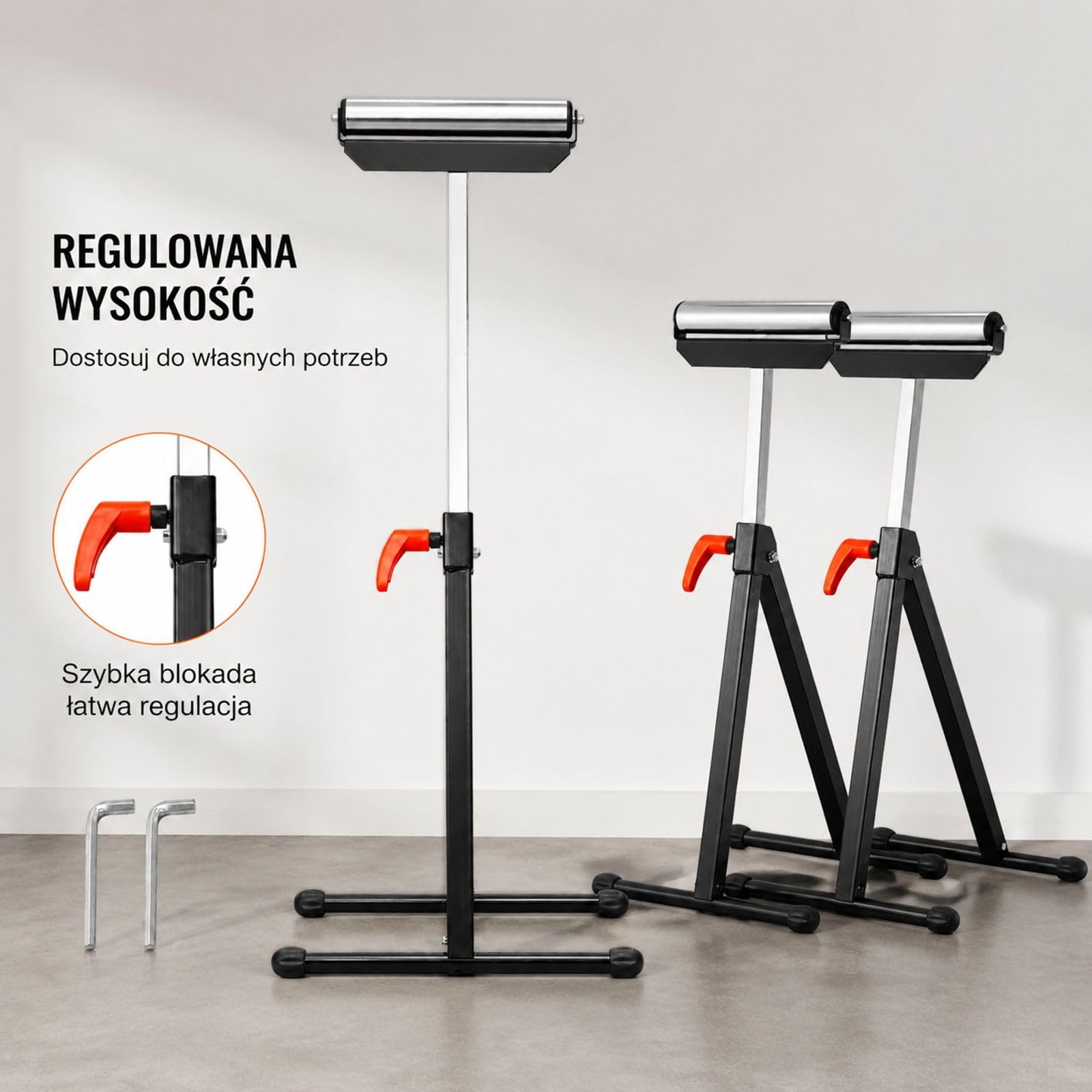Zestaw 2 regulowanych stojaków rolkowych, składana podpora robocza do projektów z drewna