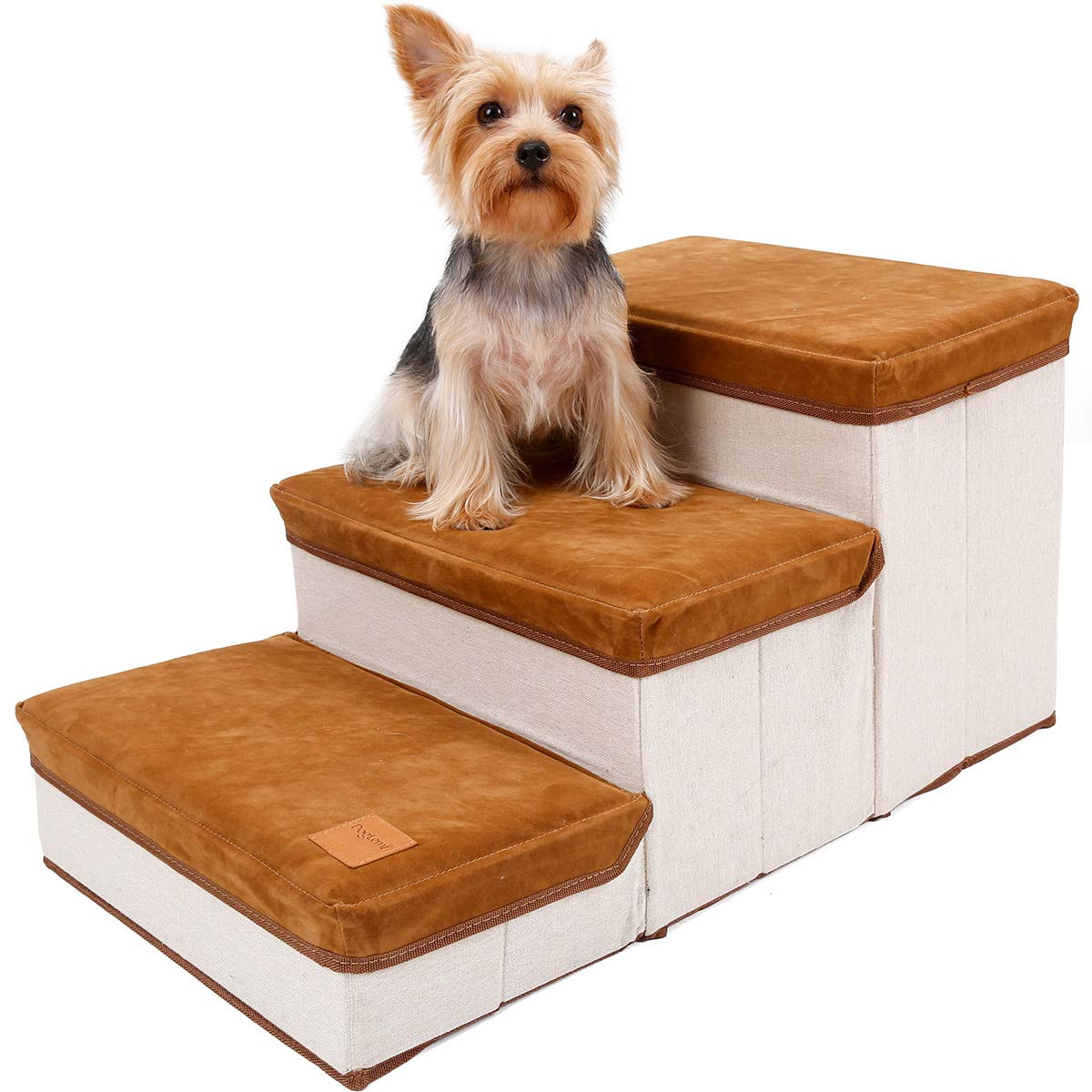 FLAdorepet 3 Layers Pet Dog Cat Stairs Steps for Bed and Car,Foldable Extra Wide Dog Ramp Ladder with Storage Compartment Pet Product (Three Layers, Brown)