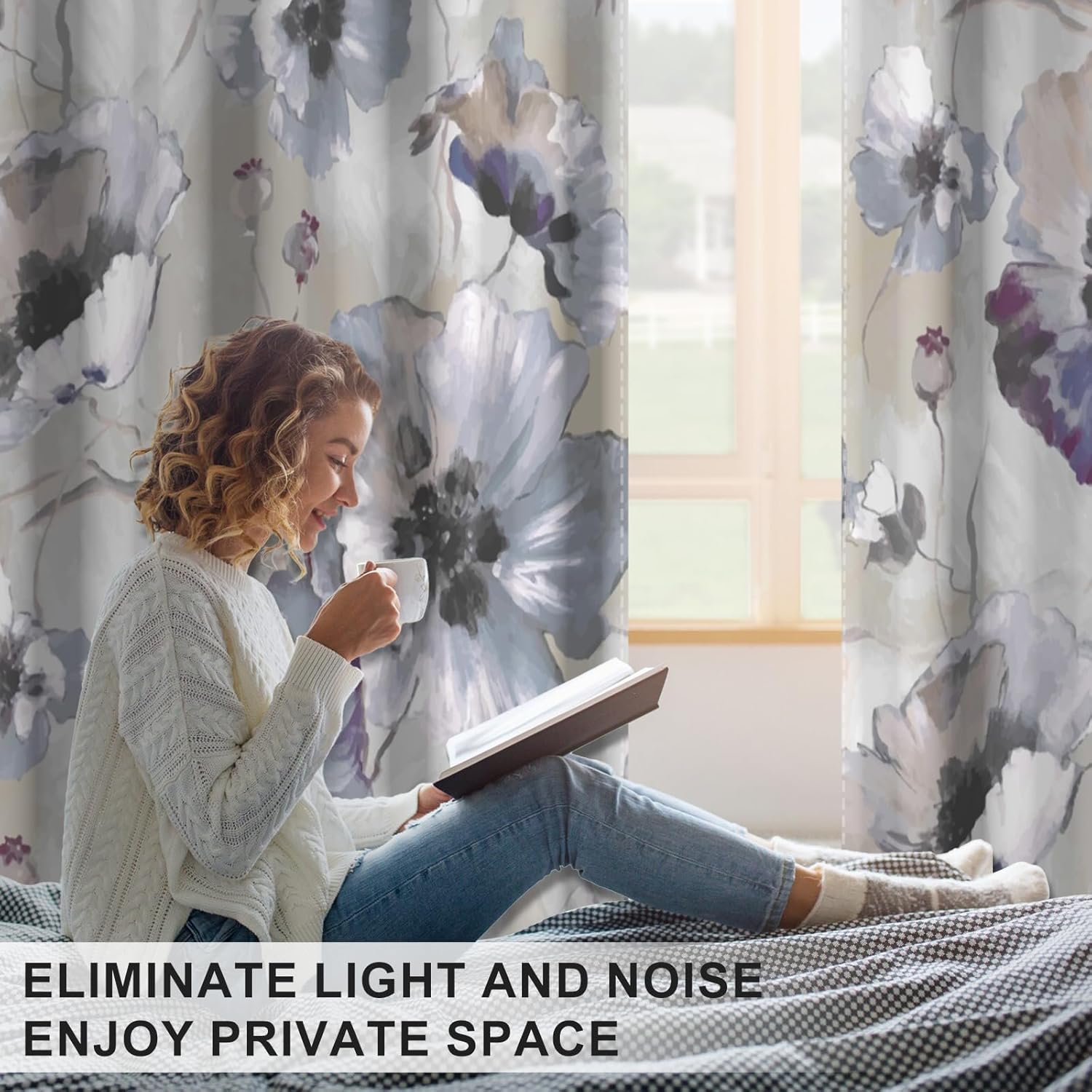 Blackout Curtains for Girls Bedroom and Living Room, Vintage Floral Pattern Black Out Curtains 84 Inches Long 2 Panels Set, Spring Thermal Insulated Soundproof Grommet Nursery Room Darkening Drapes