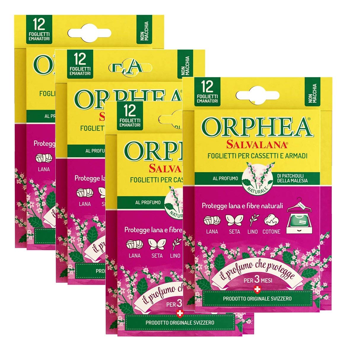 Orphea Salvalana Foglietti per Cassetti e Armadi, Protegge Lana e Vestiti Tutta la Stagione, Profumo di Patchouli della Malesia, 12 Foglietti Emanatori, Multipack 4 Confezioni