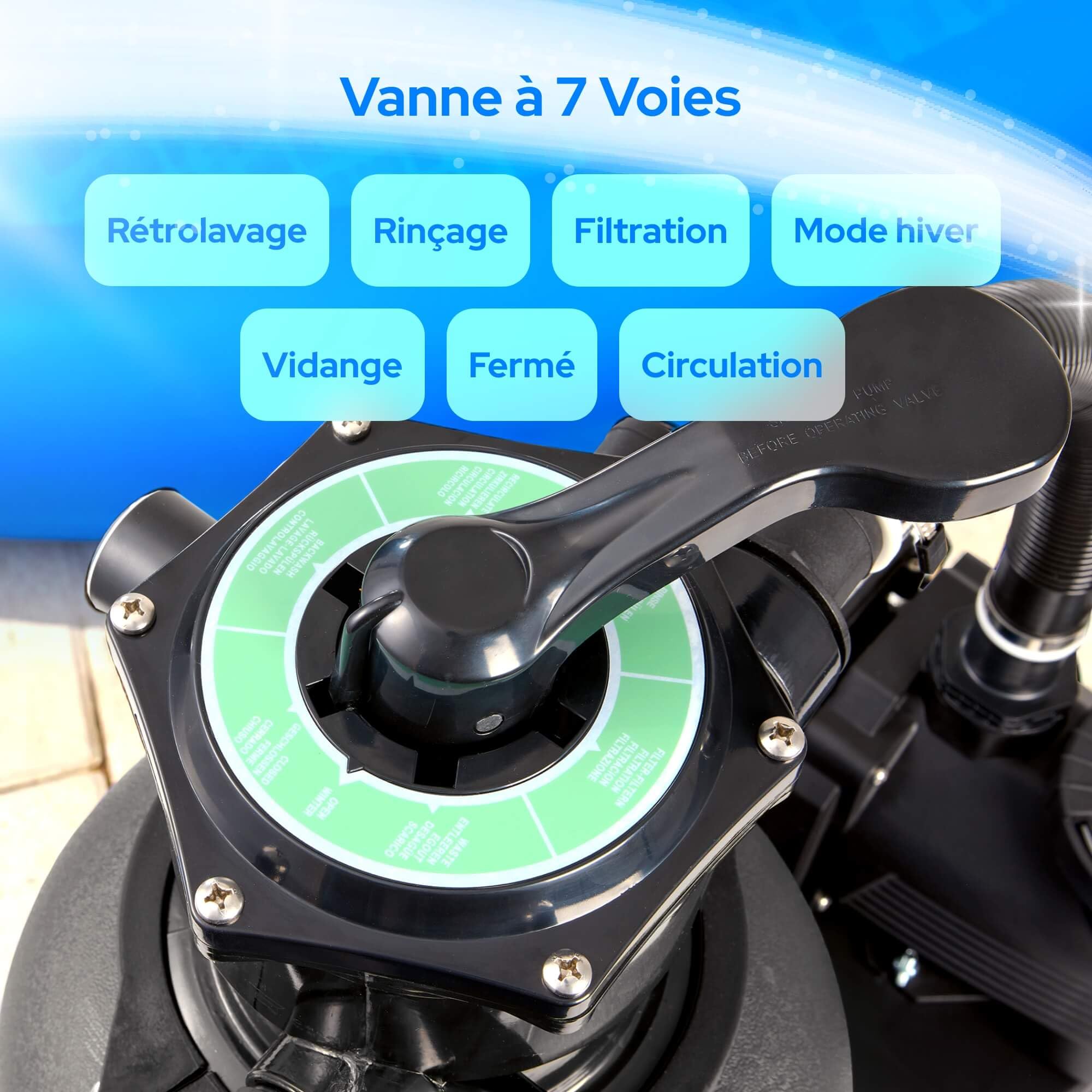 Arebos Système de filtration à sable avec pompe et 600 g de balles de filtration | 350W | 9500 L/h | Capacité du réservoir jusqu'à 20 kg de sable | Vanne à 7 voies avec poignée | Filtre de piscine