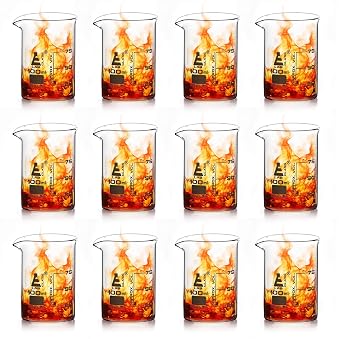 Beakers, Pack of 12-100mL, Borosilicate Glass, 25mL graduations Low form - Eisco Labs