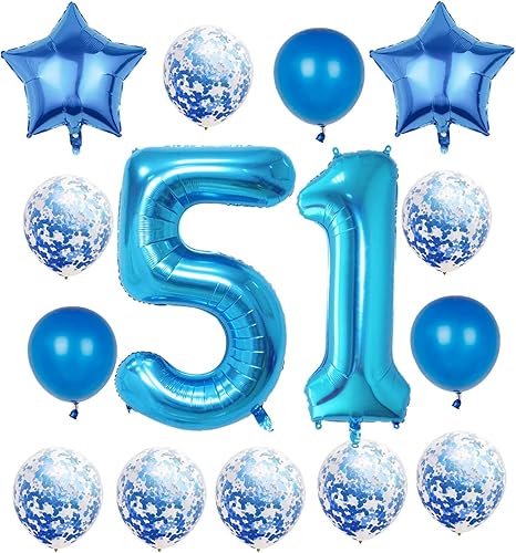 Decoraciones de cumpleaños número 51, globos azules del número 51, globos gigantes de aluminio Mylar 51 de 40 pulgadas para hombres y mujeres,