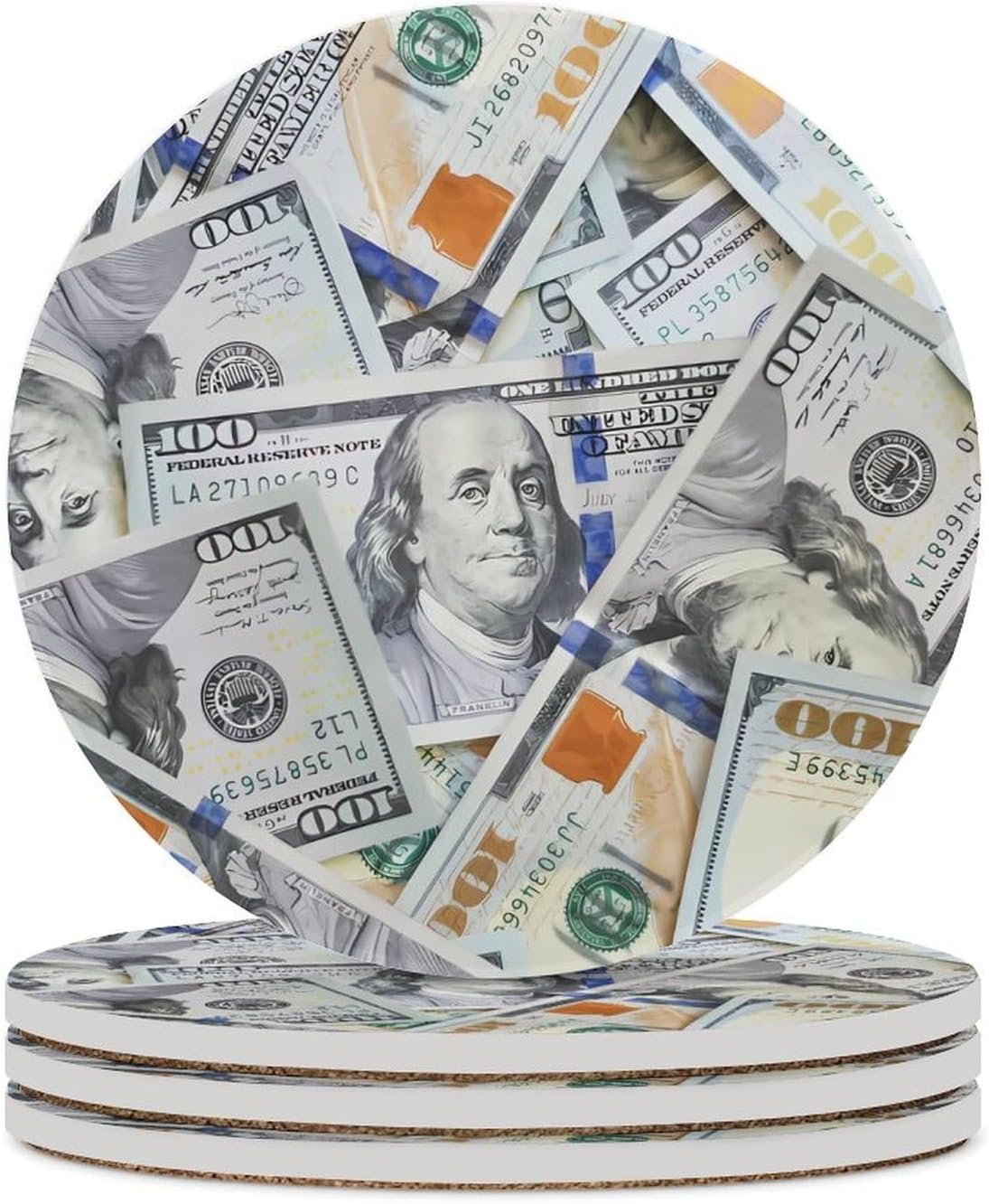 US Dollar Funny Round Ceramic Coasters for Drink Absorbent Cup Holders Tabletop Protection
