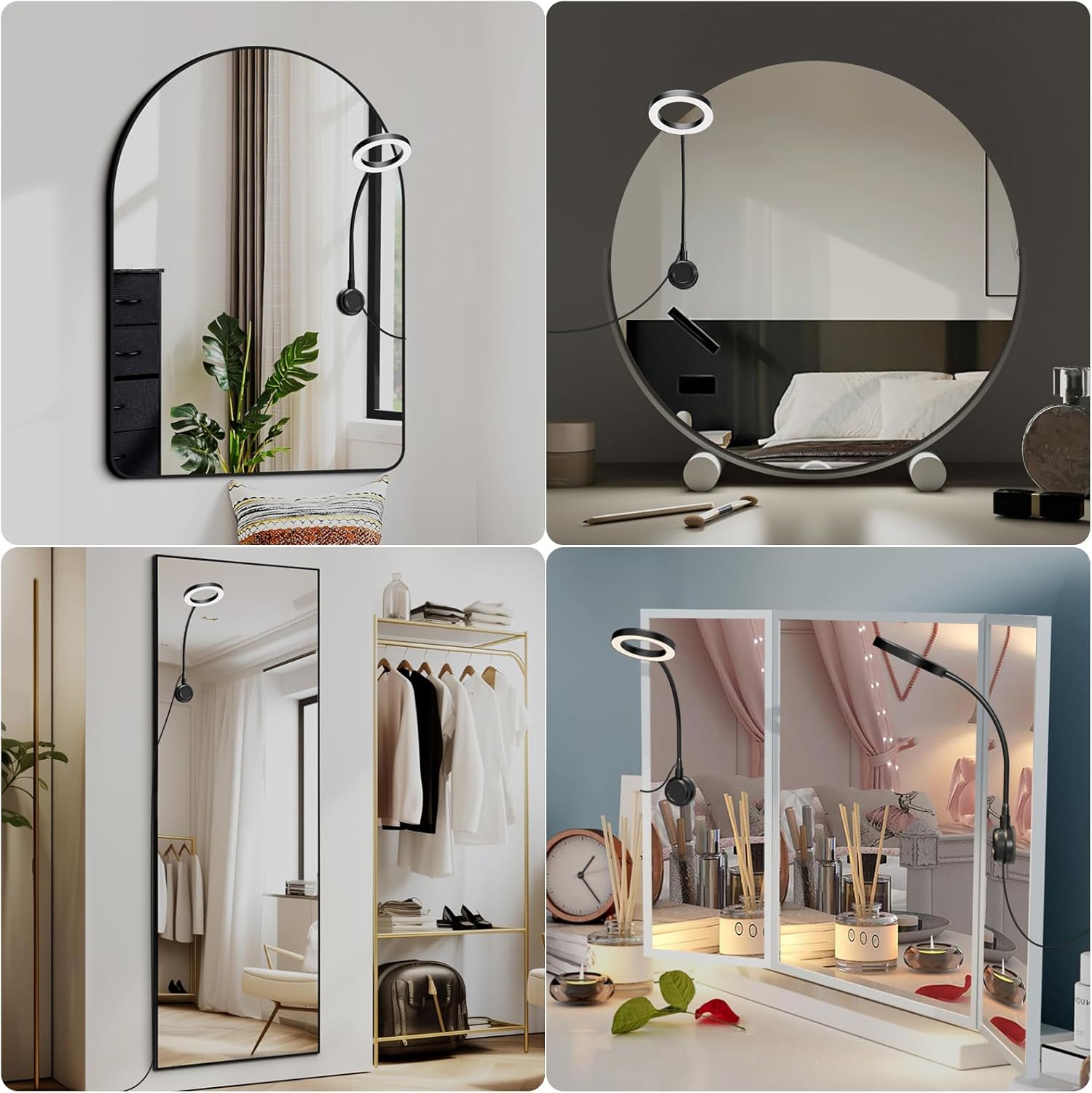 Suction Cup LED Vantiy Lights for Mirror, Flexible Gooseneck Stick on Selfie Ring Light for Makeup Vanity Table & Bathroom Mirror, 3 Color Modes & 10 Brightness, Plug in, Black