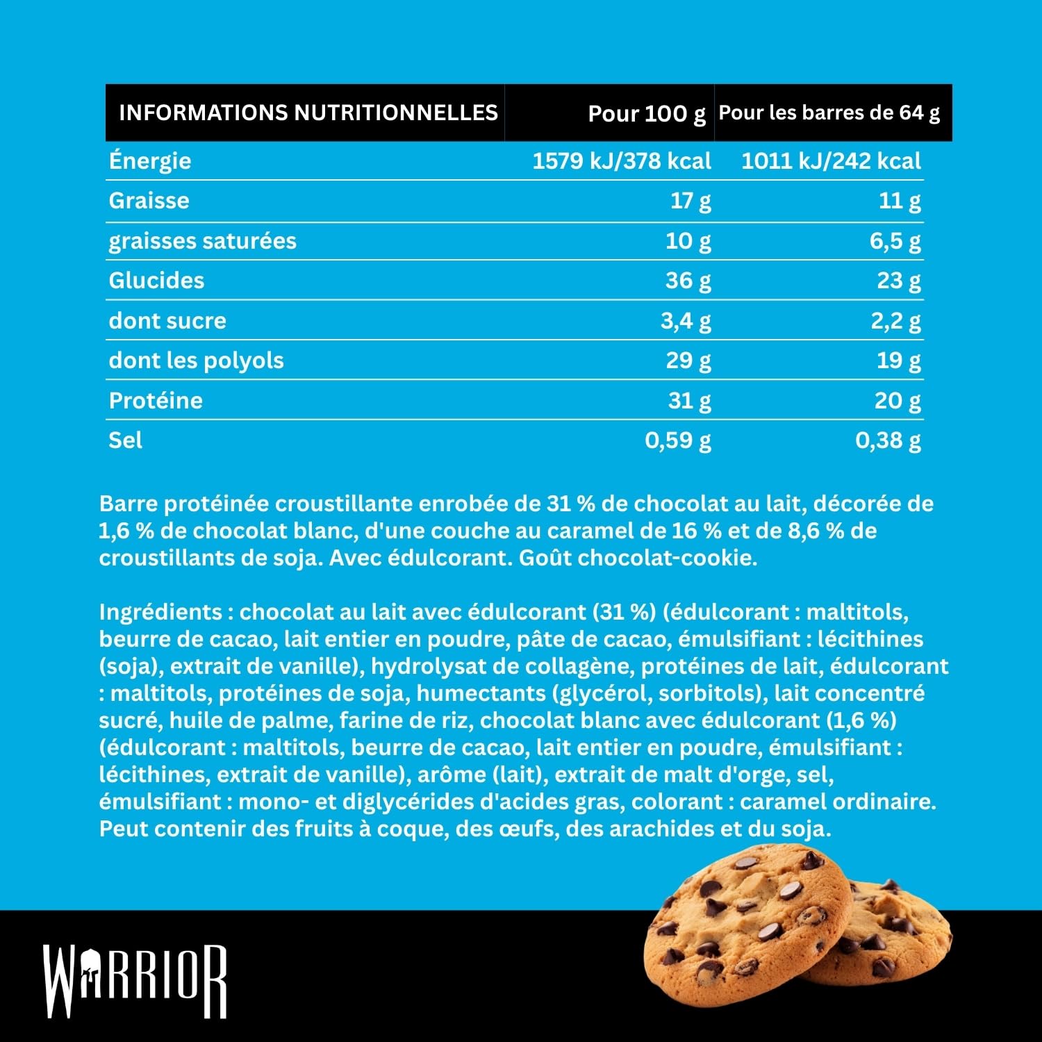 Barres hyperprotéinées Warrior Crunch 20 g - Barre à faible teneur en sucre et en glucides - paquet de 12 x 64 g - incroyablement savoureuse - garantie halal (Pâte à cookies aux pépites de chocolat)