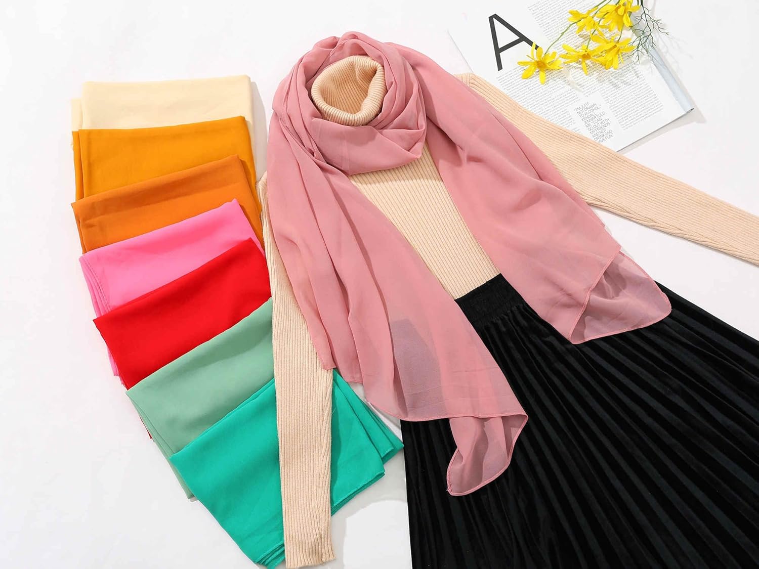 Women's Chiffon Scarf, Green, Olive Sheer Lightweight Shawl, Long Head Wrap for All Seasons - Image 7