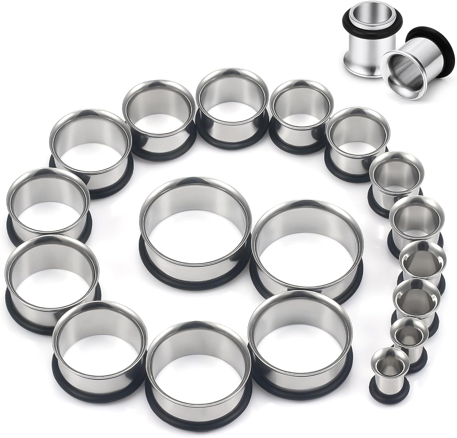 12G-25mm Single Flared Gauges Tunnels Stretching Kit 316L Surgical Steel O-ring Ear Gauges Plugs Earring Lobe flesh Tunnel Gauge Stretcher Silver Black Gold Color Tone