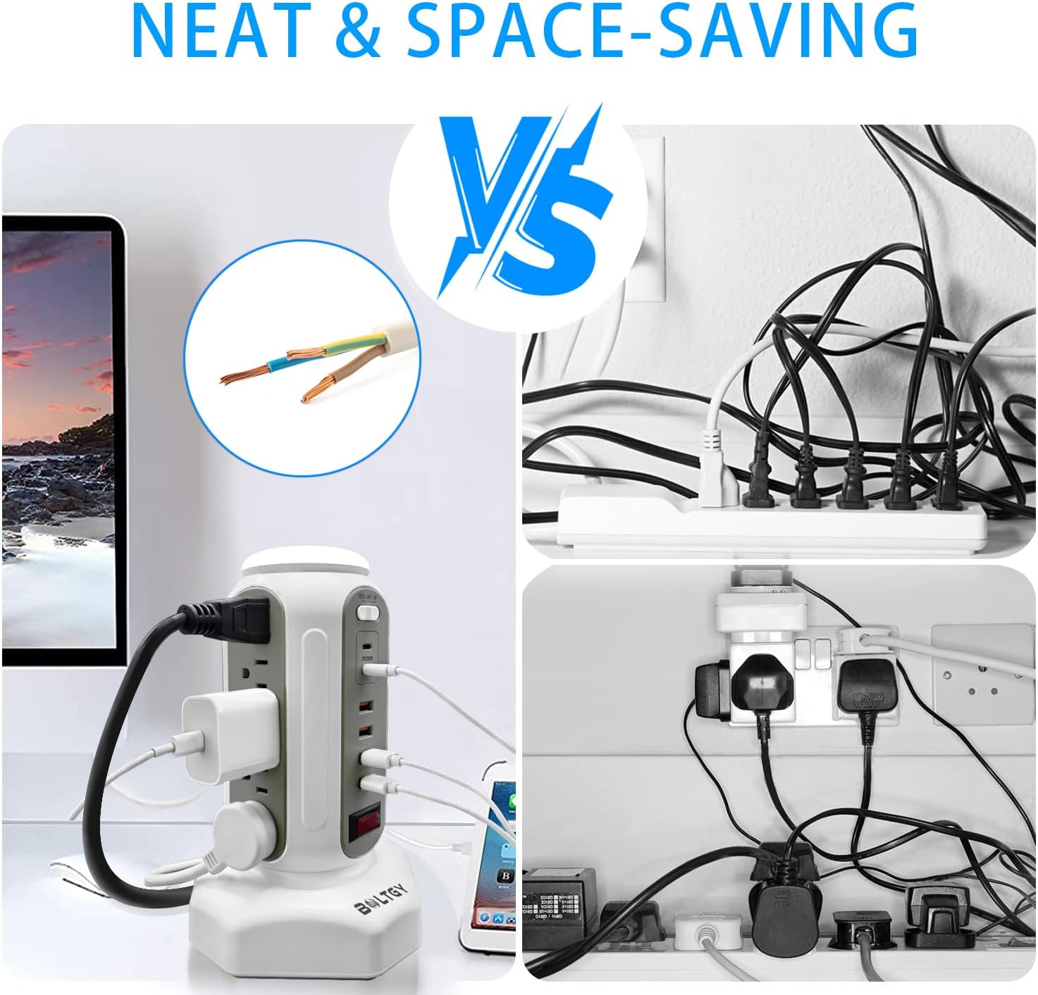Power Strip Tower with Retractable Charging Cables, BOLTGY Surge Protector Tower with PD30W USB C and 15 AC Outlets, Flat Plug 6.5ft Large Fast Charging Station for Home Office - White