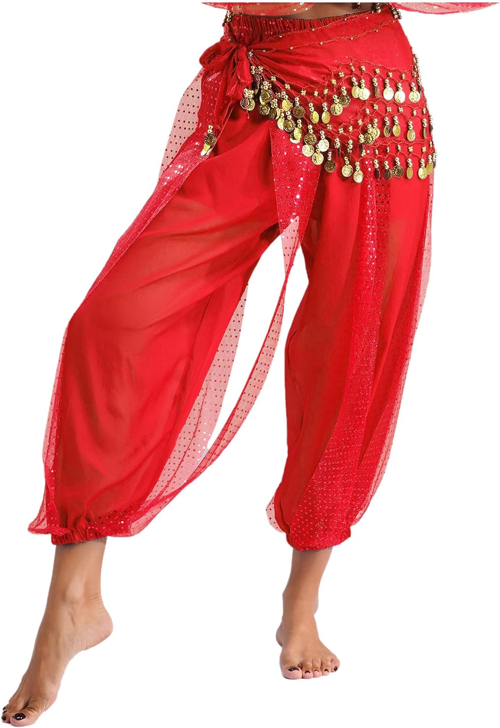Vxuxlje Women's Belly Dance Pants with Sequin Hip Scarf Elastic Waistband Lantern Pants Trousers