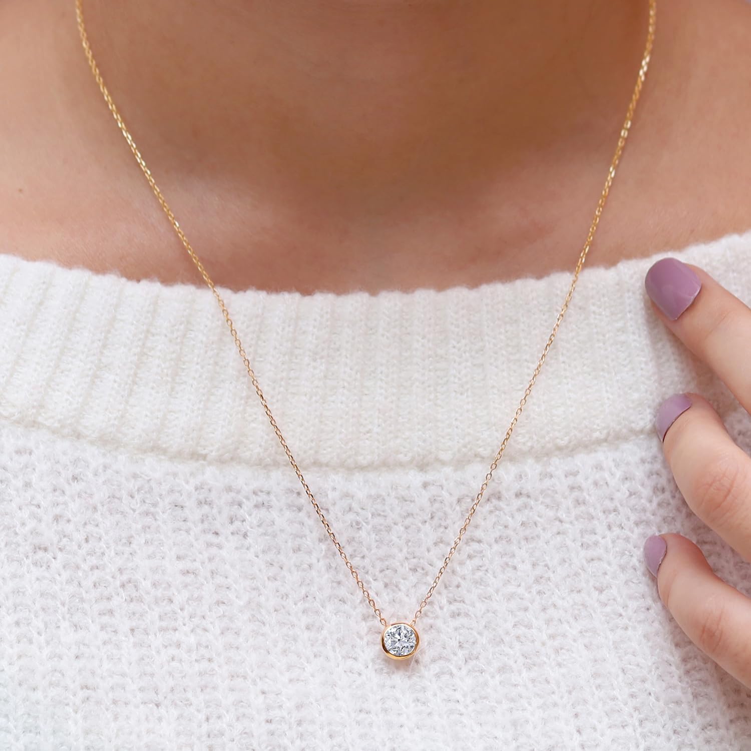 SAVEARTH DIAMONDS Solitaire Pendant Necklace for Women 6.5MM Round Lab Created Moissanite & Lab Grown Diamond Bezel Set Pendant in 14k Gold Over Sterling Silver jewelry Gift For Her - Image 3