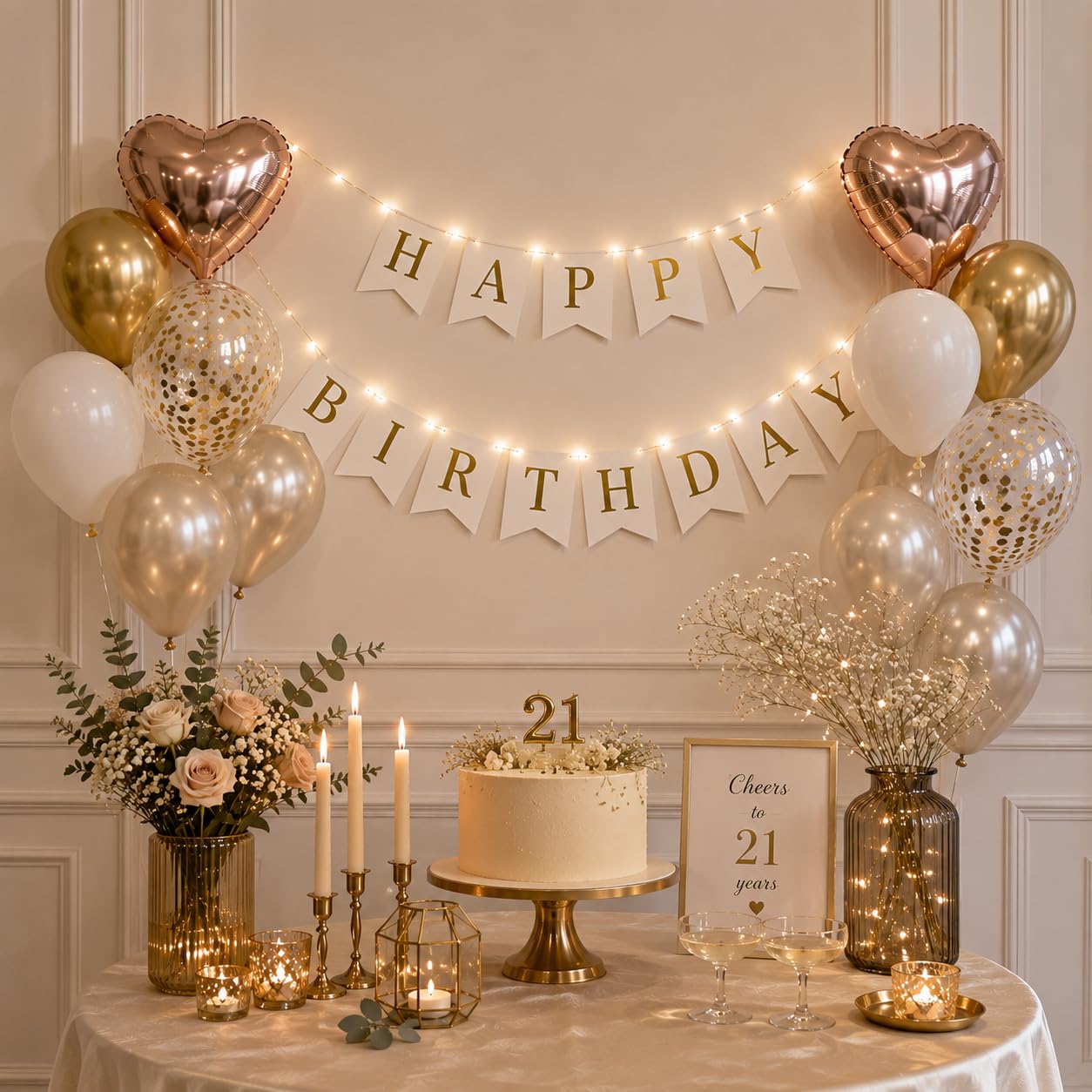 White & Gold Happy Birthday Decoration Kit with LED Fairy Lights | Rose Gold Heart Foil Balloons, White Banner, Birthday Party Decoration Items for Girls, Women, Wife & Home-image-5