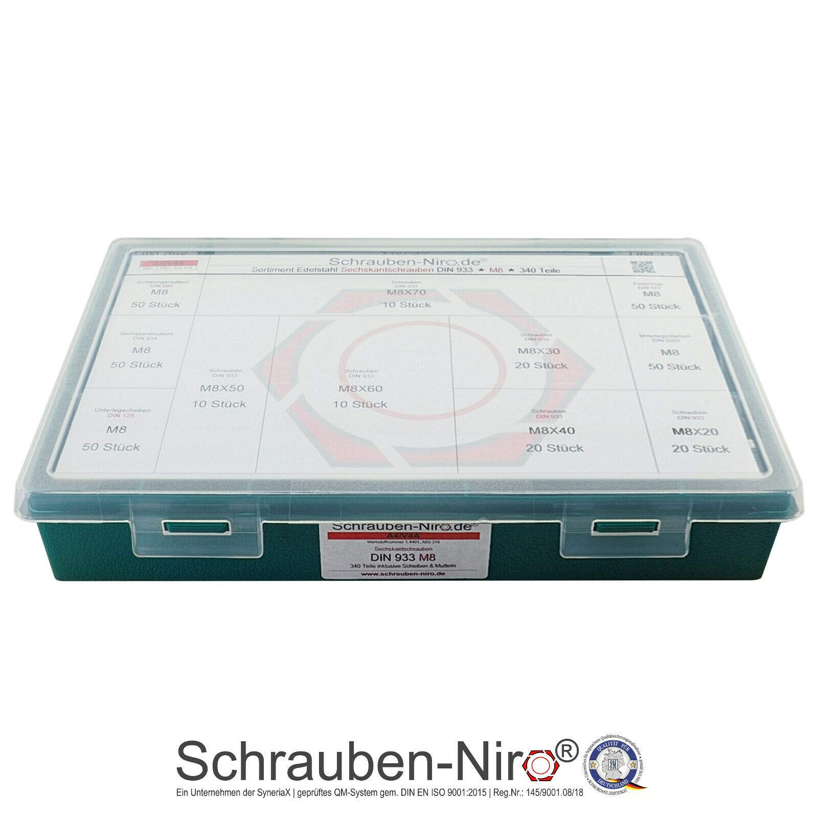 Schrauben-Niro.de M8 DIN 933 Edelstahl A4 (V4A) Sechskantschrauben mit Gewinde bis Kopf - Set mit 340 Teilen für Industrielle Anwendungen, Bauwesen, Heimwerkerprojekte