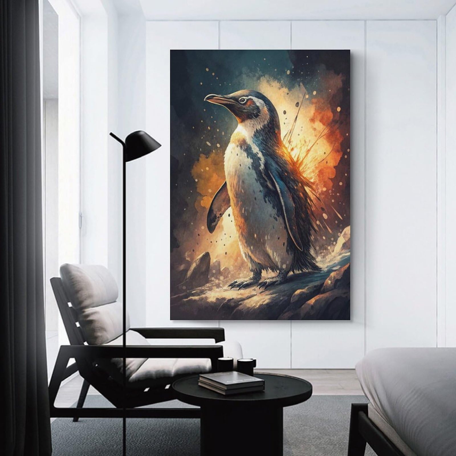 Junmoney Wall Decor Canvas Print Penguin with Fiery Aura, 24x36inch(60x90cm), for Study, Office Or Focused Interiors, Wall Art That Adds Style to Work Areas