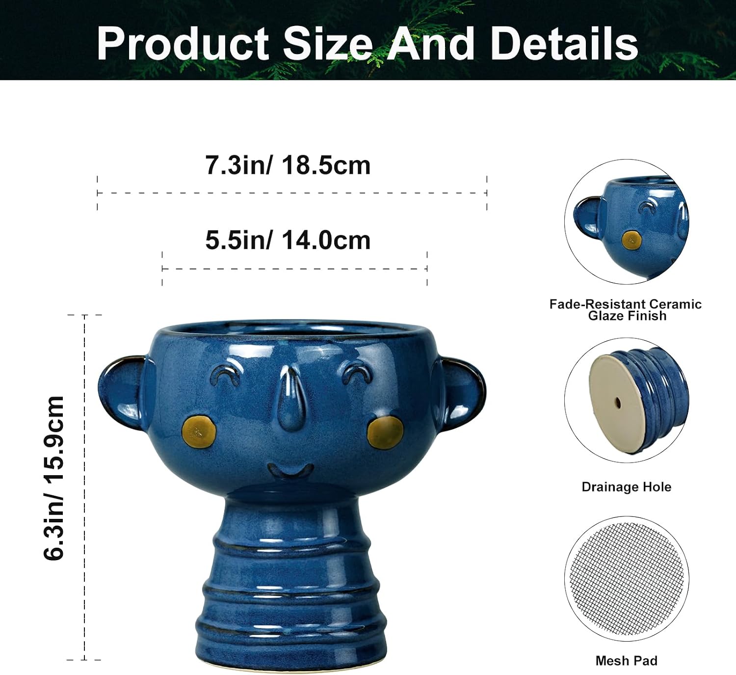 Face Planter Pot Head 7 Inch - Cute Ceramic Head Planter for Indoor Outdoor Plants Unique Flower Pot with Drainage Hole Gift Ideas for Christmas Blue image 3