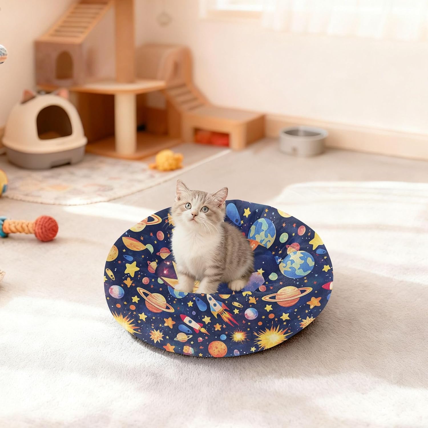 Pet Dog Bed Anti-Slip Fluffy Cat Pillow Bed for Medium Size Pets Supplies M Cute Stars Rockets Planets