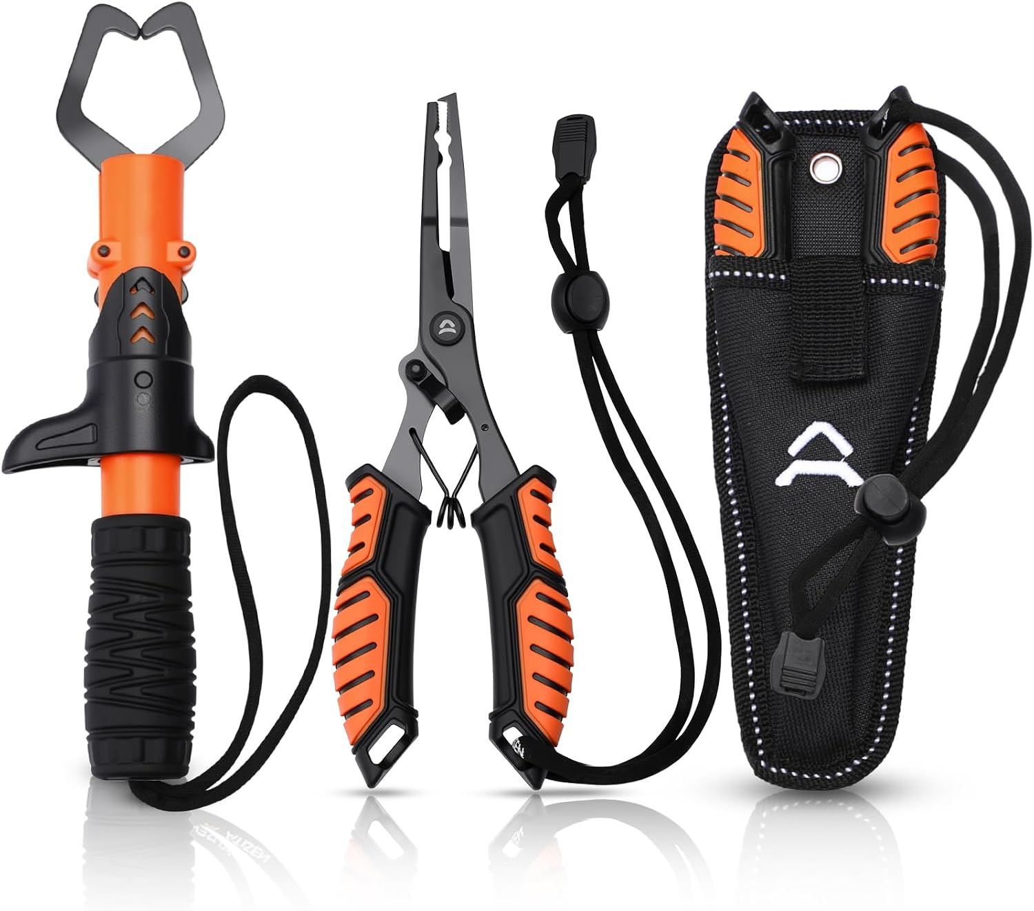 RoundFunny Fish Lip Gripper Pliers, Combo Fishing Tool Kit Stainless Steel Multifunction Hook Remover, Split Ring Pliers with Lanyards Sheath for Fly, Easter Fishing Basket Gift Gear Men Women