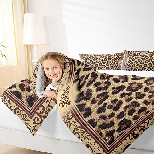 Miniatura 3 de Juego de edredón con estampado de leopardo marrón, tamaño King, decoración de habitación para niños y niñas, edredón abstracto de piel de animales