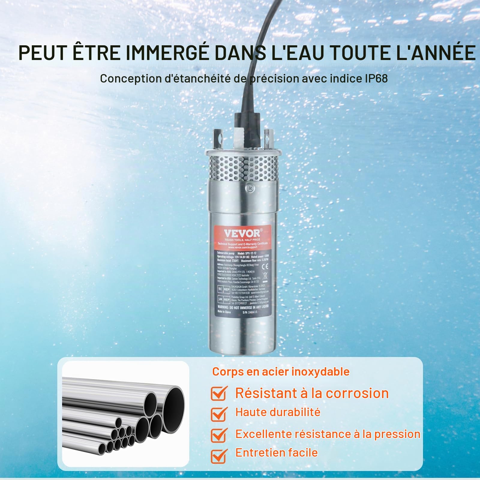 VEVOR Pompe à eau solaire, 120 W, pompe de puits profond submersible, 12 V CC, 3,2 GPM, levage 70 m, submersion maximale 30 m, pompe à eau à énergie solaire pour puits, irrigation de ferme, ranch