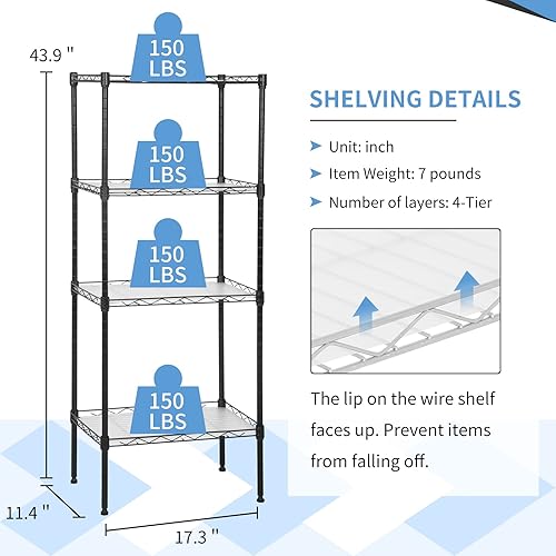 Miniatura 3 de Estantería de alambre de 4 niveles de 44 pulgadas de alto x 18 pulgadas de largo x 12 pulgadas de profundidad, estantes de metal para almacenamiento