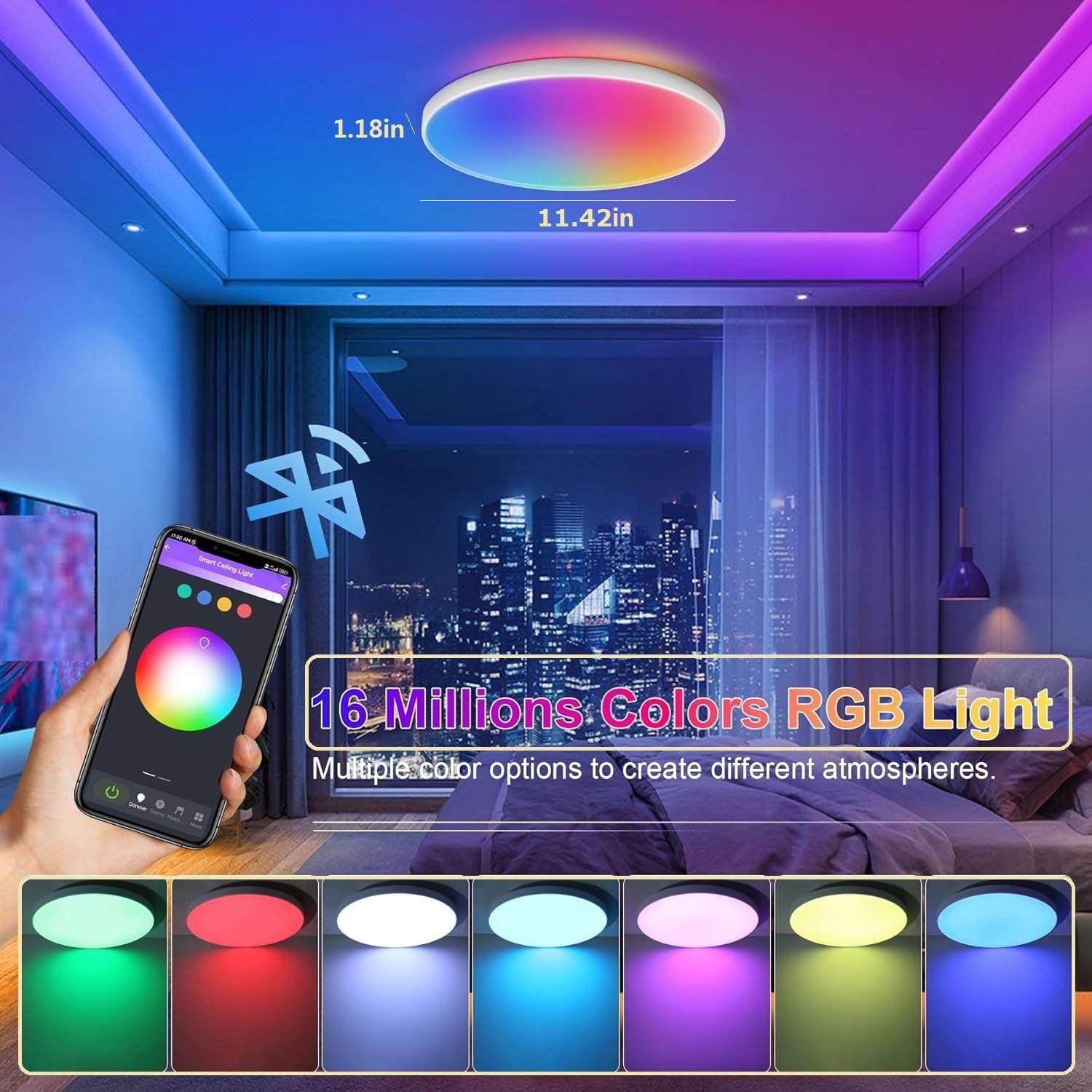 Yuehuamech RGB LED Ceiling Light 24W Smart Music Ceiling Lamp with APP and Remote Control Dimmable 3000-6500K Colour Changing Ceilings Light for Bedroom Kitchen Dining Room Bathroom - Image 2