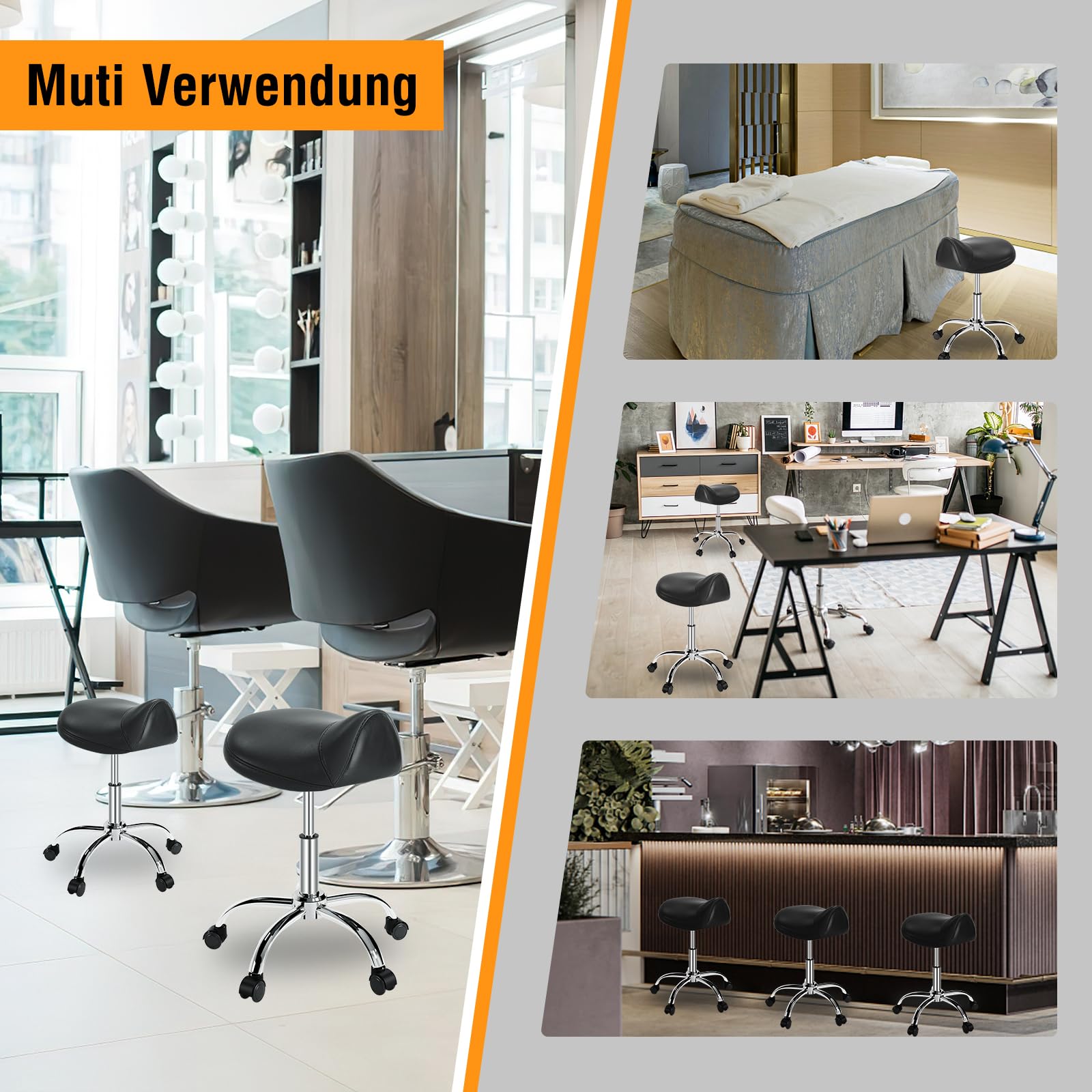 Sattelhocker，hocker mit rollen，hocker höhenverstellbar zur Linderung von Rückenschmerzen（48.5-62.5cm）Rollhocker mit dickem Kissen，Sattelhocker mit rollen für Salon Spa Zahnarzt Büro (Schwarz)