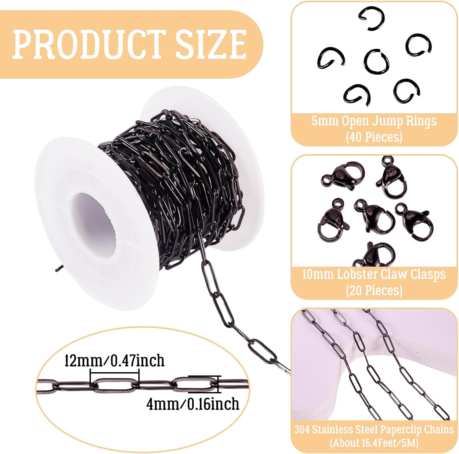 Beadthoven 16.4 Feet 4mm Black Plated Paperclip Chains for Jewelry Making, Stainless Steel Flat Oval Link Chains Jewelry Chain with Lobster Clasps Jump Rings for Women Men Bracelet Necklace DIY Crafts - Image 3