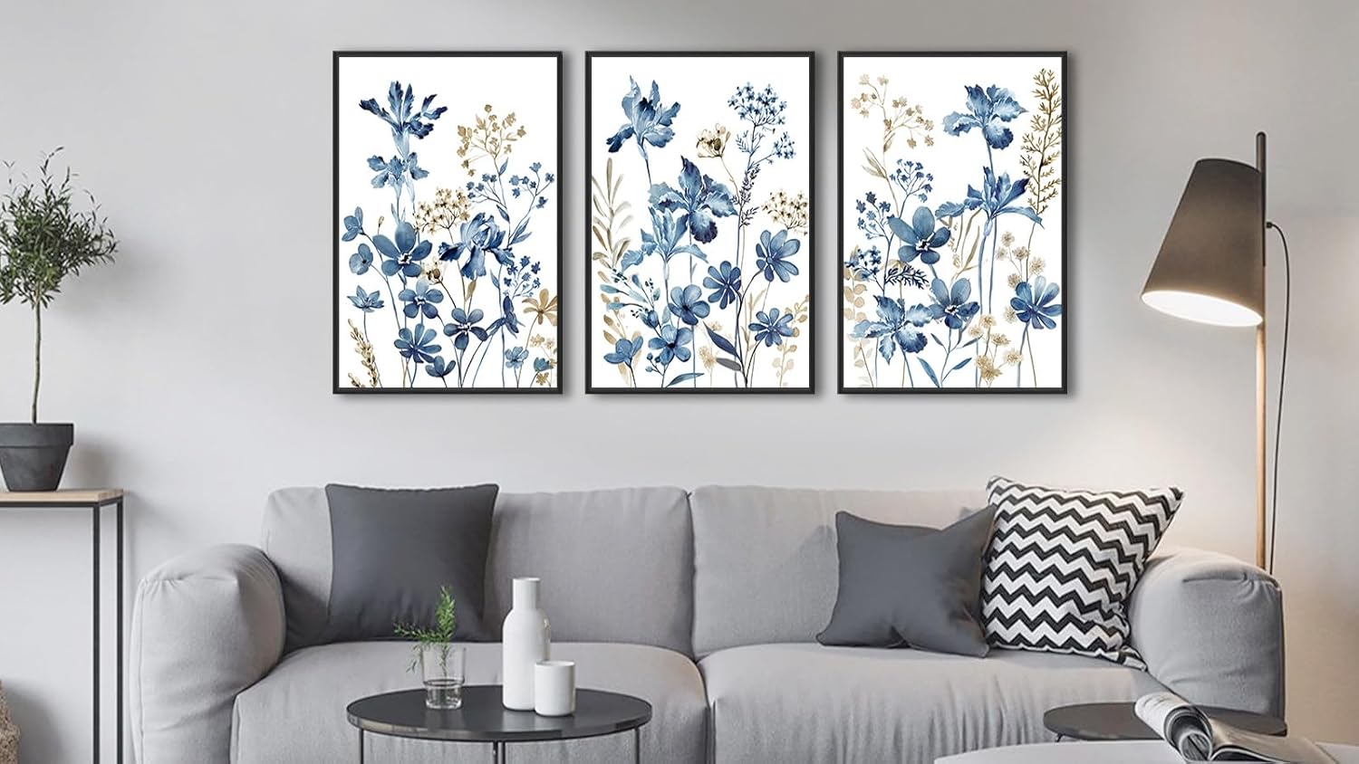 Large Framed Floral Wall Art - Watercolor Blue Iris Flower Wall Decor 20"x28" Set of 3 Elegant Wildflower Painting Prints Rustic Botanical Canvas Pictures for Living Room Bedroom Bathroom Artwork