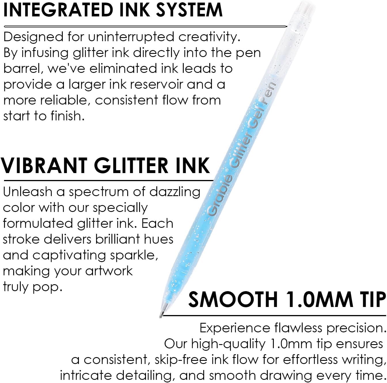 Grabie 42 Capped Glitter Gel Pen Set, 18 Iridescent&24 Essential Color Pens, Smooth Rollerball Tip, Metallic Sparkly Gel Pens for Coloring, Set of 42 Gel Pens Colored