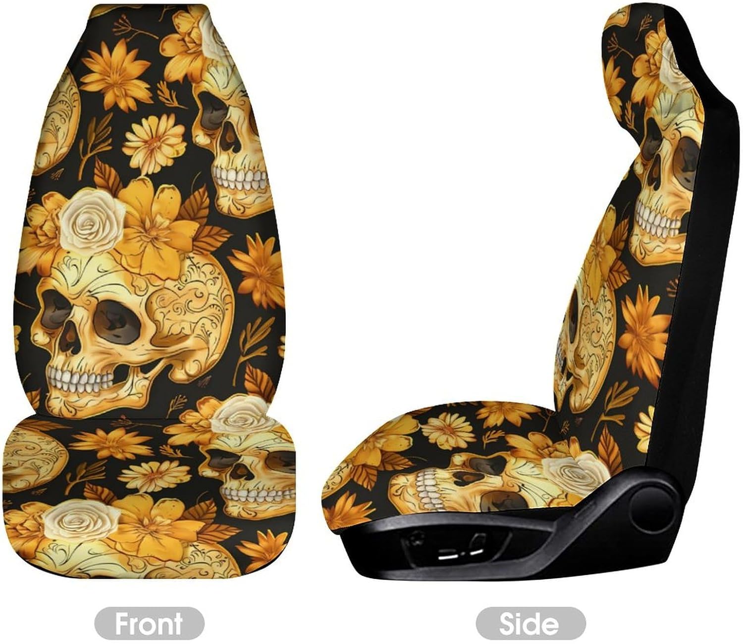 Golden Flower Skull Car Seat Covers Automotive Seat Covers Car Seat Protector Auto Front Seats Protector for Most Cars 2PCS