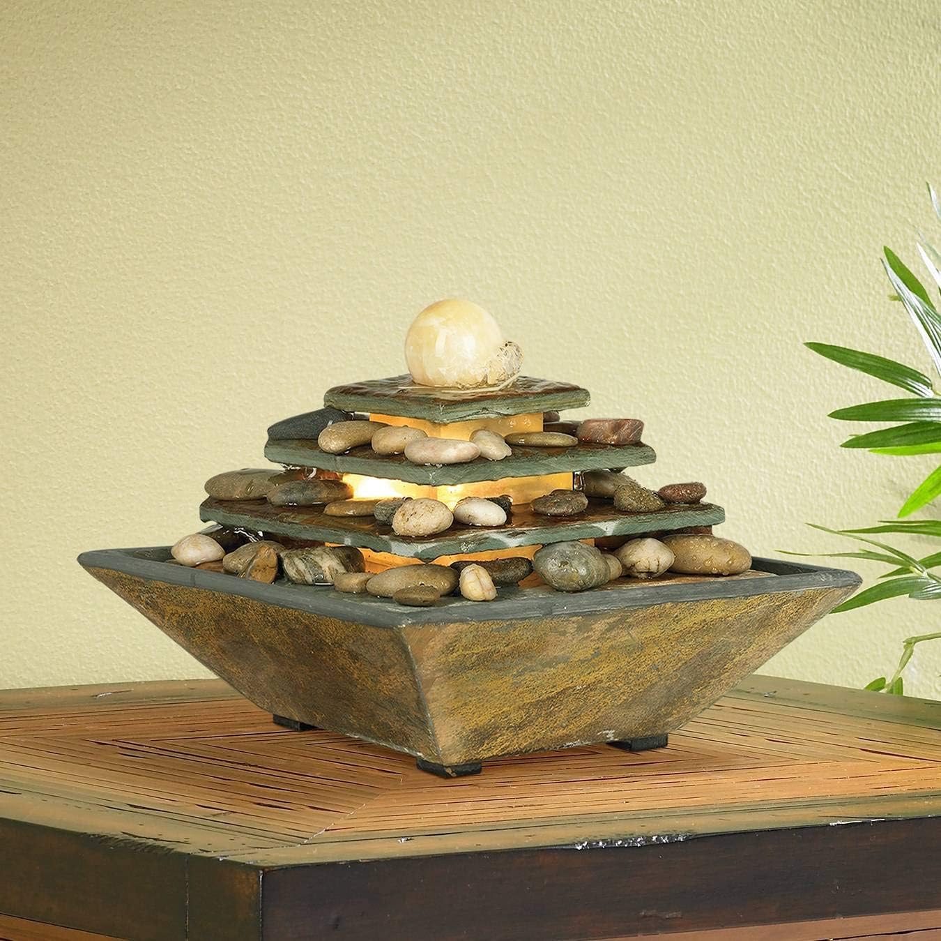 Pyramid 10" High Small Zen Modern Indoor Decor Slate Stone Tabletop Fountain with Light Waterfall Feng Shui Ball Rock Water Feature for Desk Relaxation Bedroom Living Room Countertop - John Timberland : Patio, Lawn & Garden