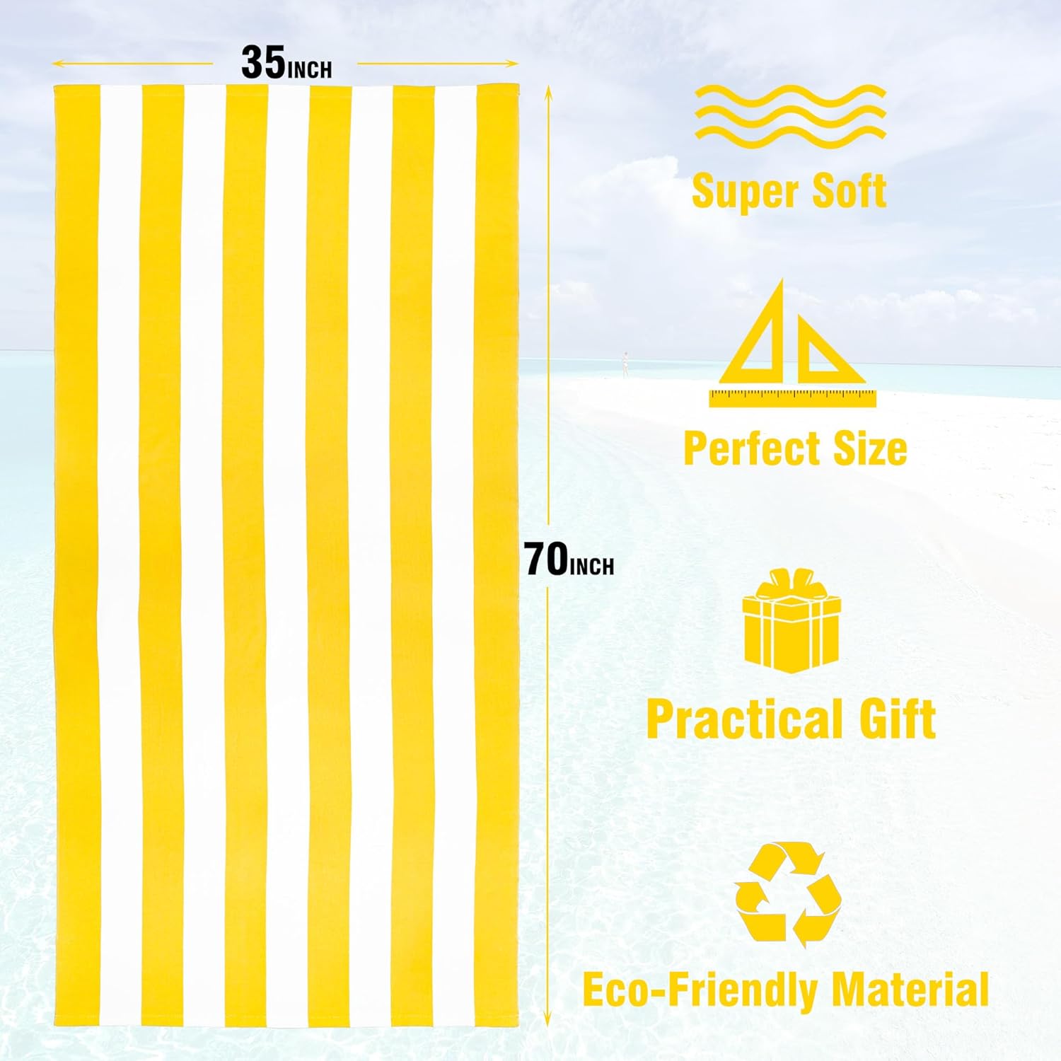 Large Oversized Beach Towel - 35 x 70 Inch Microfiber Pool Towel, Yellow Striped Quick Dry Cabana Swim Towel - Image 3