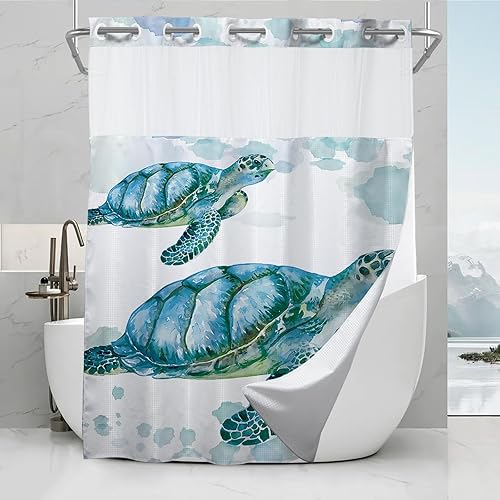 Vista 76 de Cortina de ducha de tortugas marinas, temática náutica de playa, verde y verde azulado, sin ganchos, punto gofre y forro desmontable, decoración