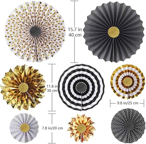 Miniatura 4 de Hola Fiesta Abanico de papel negro dorado y 2 decoraciones de estrellas de 2.8in para celebración, boda, carnaval, feliz cumpleaños, fiesta de