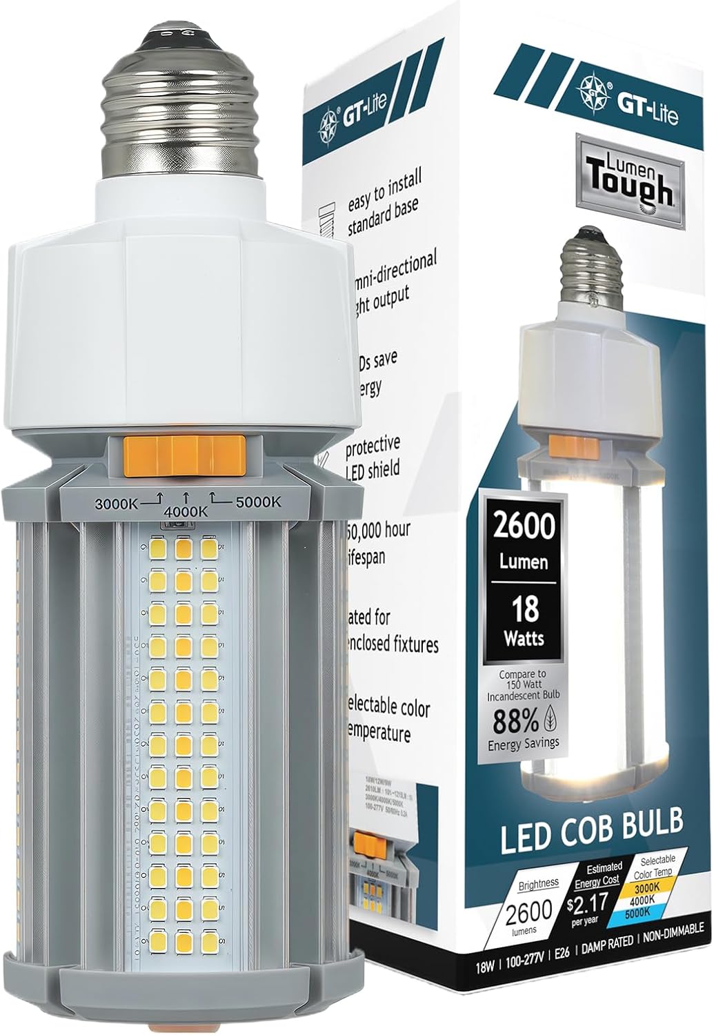 GT-Lite Commercial LED COB Light Bulb,9W/12W/18W, 2600 Lumens, E26 Base, Adjustable Brightness(3000K–5000K), Damp Rated, Energy-Efficient, for Workshop, Warehouse, High Bay E26 Fixtures