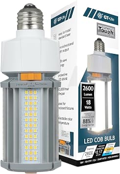 GT-Lite Commercial LED COB Light Bulb,9W/12W/18W, 2600 Lumens, E26 Base, Adjustable Brightness3000K5000K, Damp Rated, Energy-Efficient, for Workshop, Warehouse, High Bay E26 Fixtures