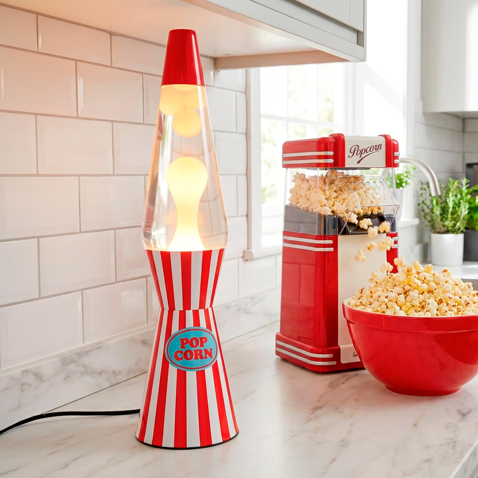 Fisura – Lampe à lave décorative “Pop corn”. Lampe relaxante au design original pour maison ou bureau, base à rayures et lave blanche, ampoule de rechange incluse, 11 x 11 x 40 cm