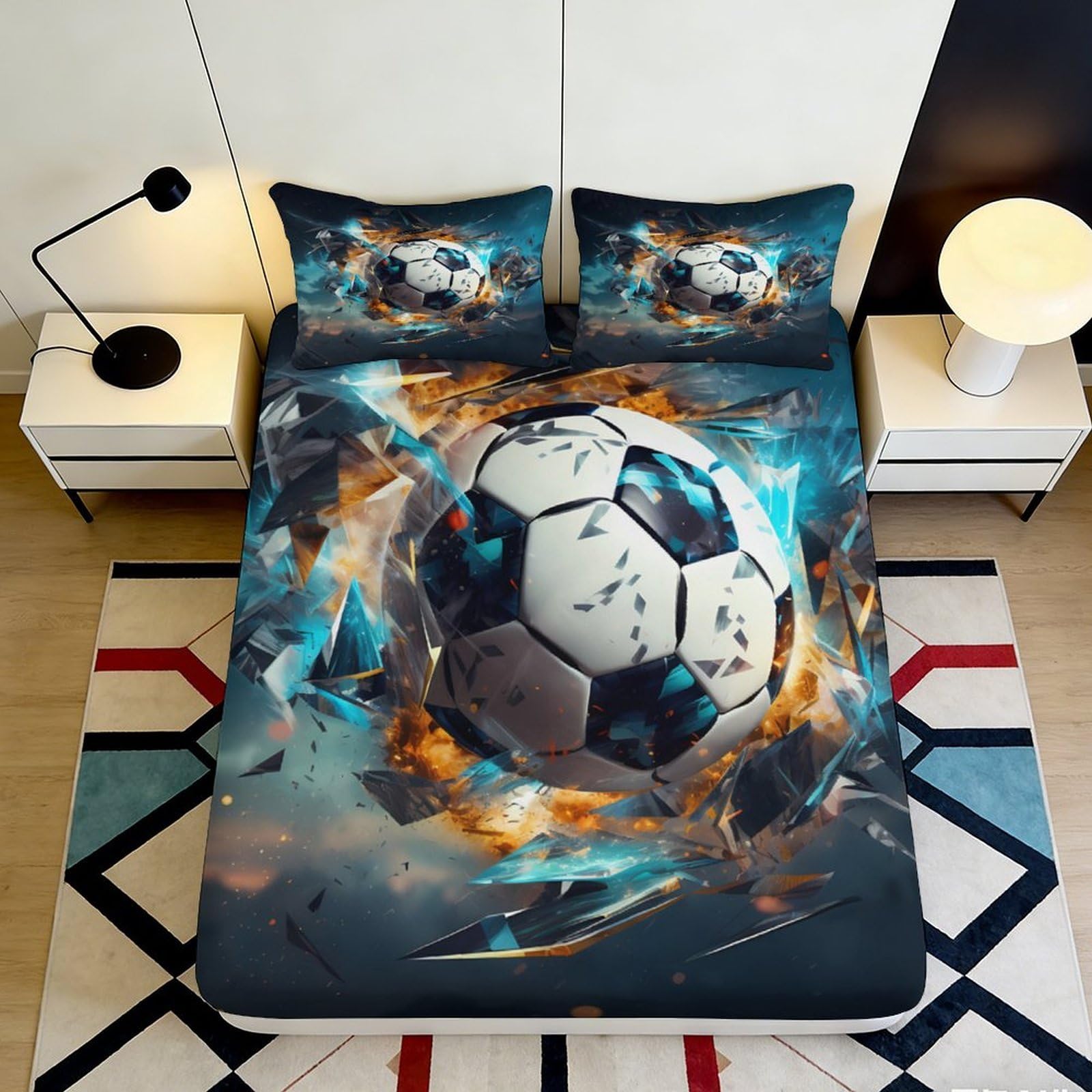 3D Printed Exploding Soccer Ball Fitted Sheet Microfiber Soft Durable Futuristic Football Design Bed Cover for Bedroom Dormitory Guest Room Mattress Protection 140x200x25cm