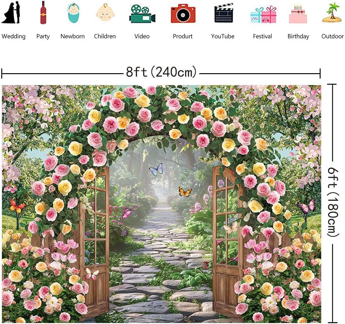 Spring Garden Flowers Backdrop Spring Floral Arch Butterfly Green Stone Background Rose Flowers Arch Wall Bridal Shower Wedding Anniversary Party Decor Banner Photo Prop (8x6FT(94 x 70 inch))