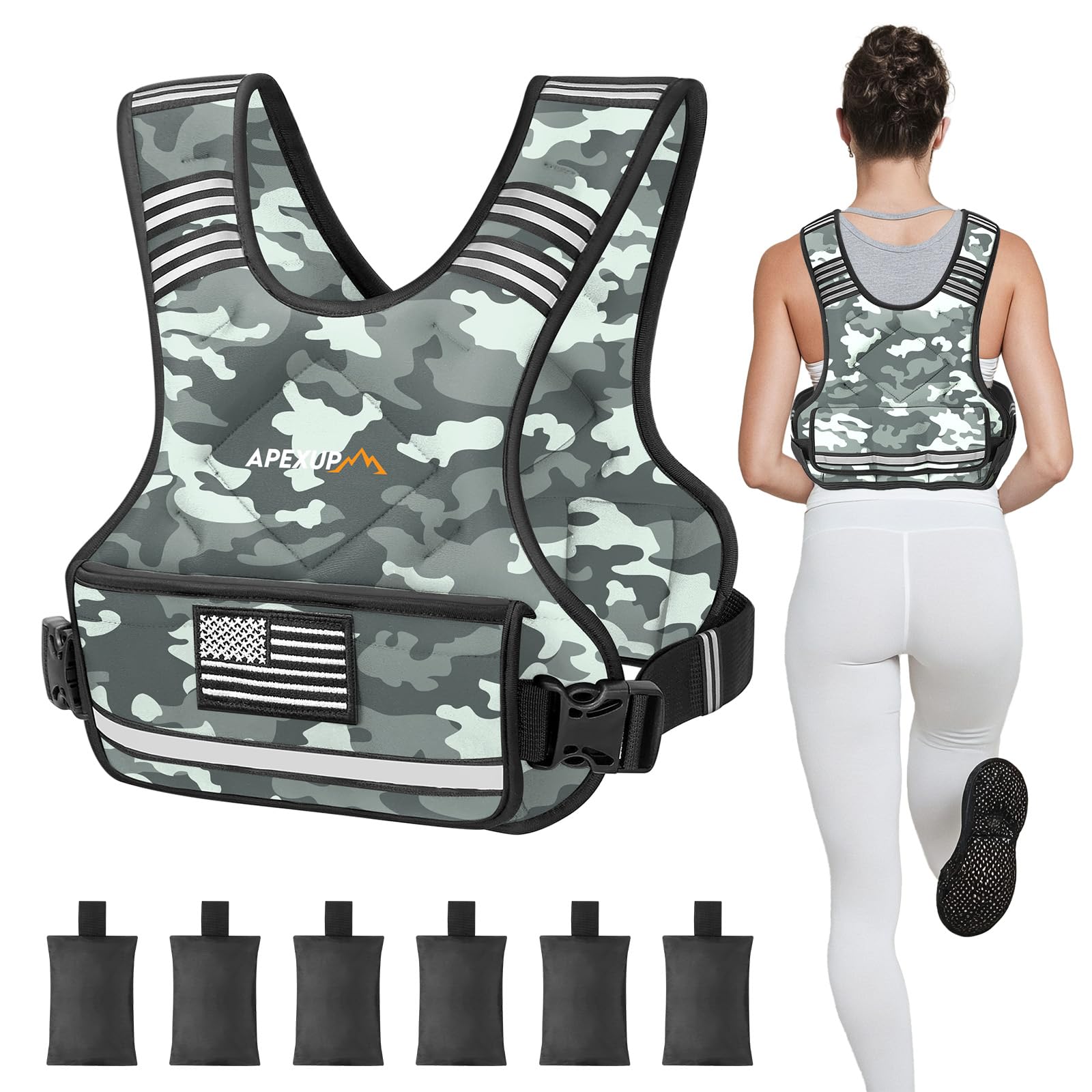 APEXUP Adjustable Weighted Vest, 4-10lb/12-18lb/20-32lb Vest with 6 Ironsand Weights and Large Pocket, Weight Vest for Men Women Strength Training, Running, Walking